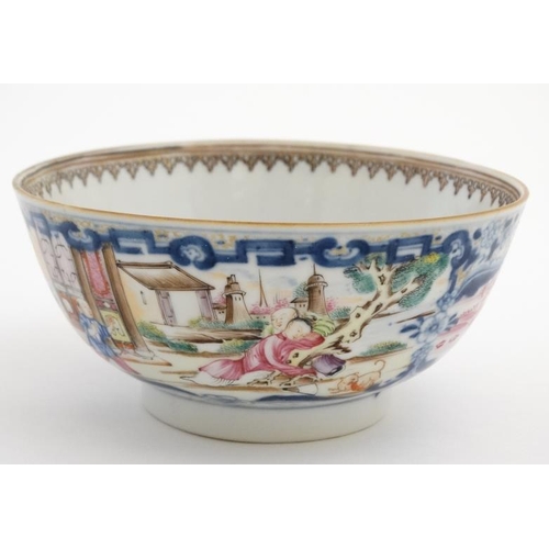 412 - A Chinese famille rose Cantonese style bowl , the cartouches decorated in polychrome with figures in... 