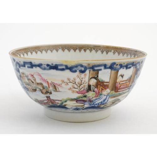 412 - A Chinese famille rose Cantonese style bowl , the cartouches decorated in polychrome with figures in... 