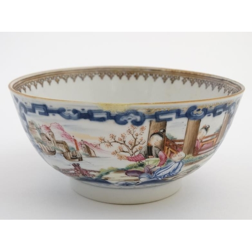 412 - A Chinese famille rose Cantonese style bowl , the cartouches decorated in polychrome with figures in... 