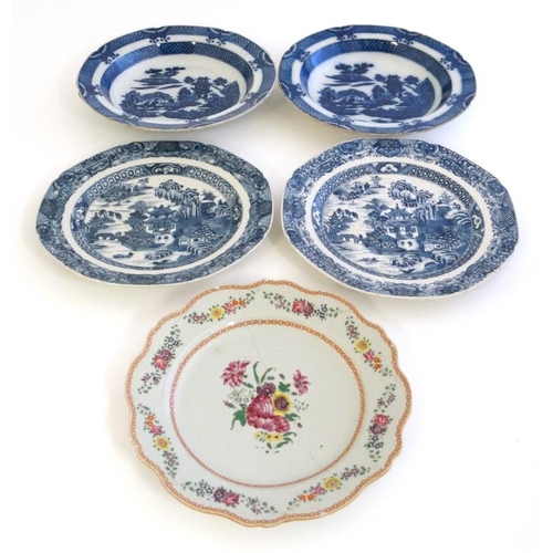 435 - A collection of 5 Chinese plates to include; A pair of blue and white Chinese bowls , decorated with... 