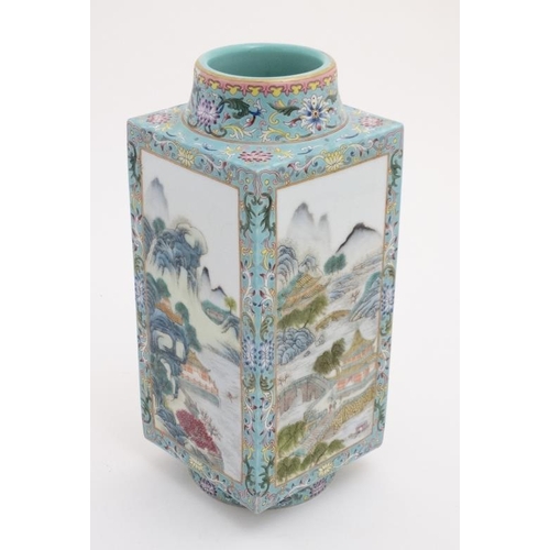 437 - A Chinese Famille Rose porcelain cong / kong vase having turquoise glazed scrolling lotus ground the... 