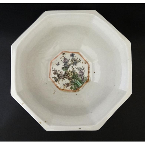 442 - A large Chinese bowl of tapering octagonal form , the 8 panels decorated in shades of green, purple ... 