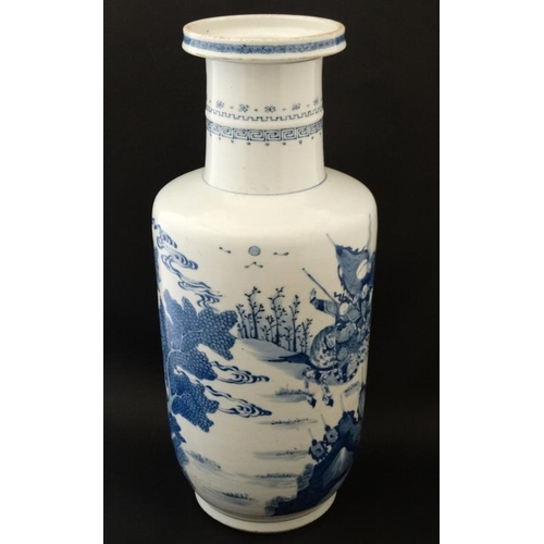 452 - A large Chinese blue and white vase decorated with warring figures on horseback. 18'' high.