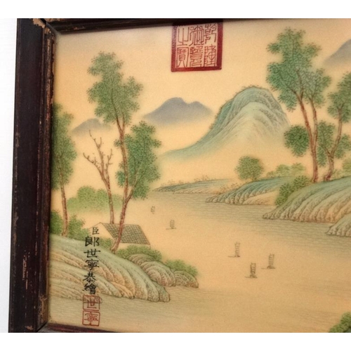 454 - A large pair of Chinese ceramic panels in wooden frames, each having two panels decorated with river... 