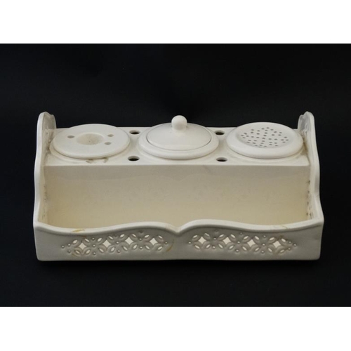 464 - A Leedsware Classical Creamware pierced inkwell set and stand, bears impressed makers mark to stand.... 