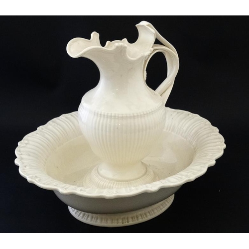 467 - A Leedsware Classical Creamware basin and ewer pitcher , bears impressed makers mark to stand. Jug 1... 