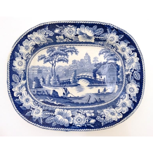 469 - A pair of 19thC small blue and white rectangular 'wild rose' pattern plates ,  the centre decorated ... 