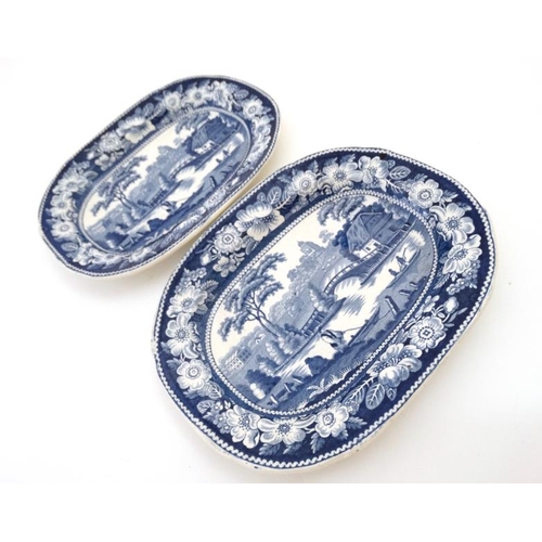 469 - A pair of 19thC small blue and white rectangular 'wild rose' pattern plates ,  the centre decorated ... 