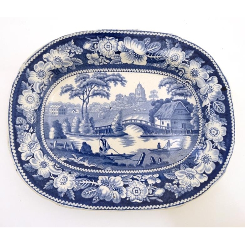 469 - A pair of 19thC small blue and white rectangular 'wild rose' pattern plates ,  the centre decorated ... 