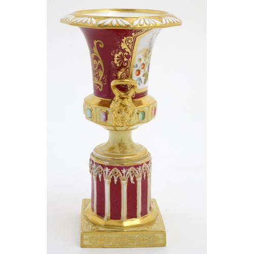 482 - An c1830 Minton  'Gothic Pedestal Ornament' Campagna shaped urn, shape number 4 with claret ground a... 