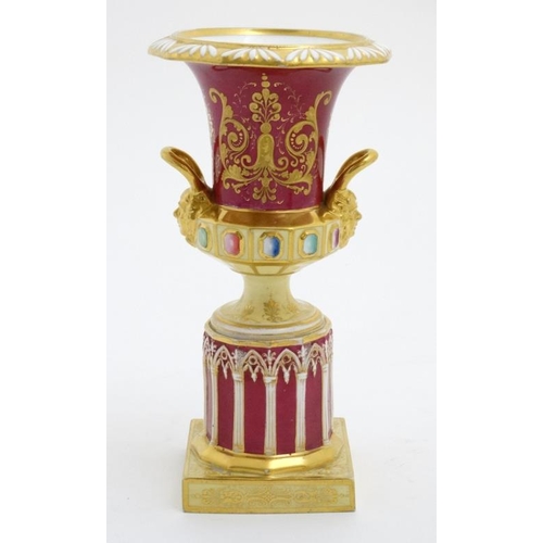 482 - An c1830 Minton  'Gothic Pedestal Ornament' Campagna shaped urn, shape number 4 with claret ground a... 