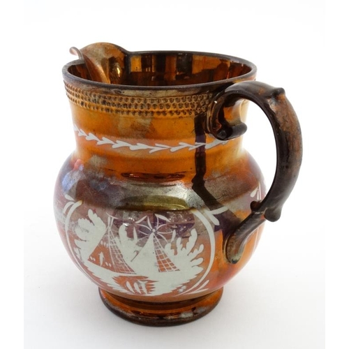 483 - A 19thC Copper luster jug having sunderland lustre border decorated with camp scenes. 6'' high.