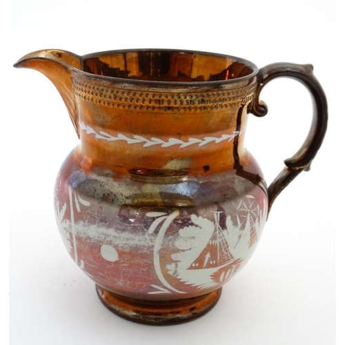 483 - A 19thC Copper luster jug having sunderland lustre border decorated with camp scenes. 6'' high.