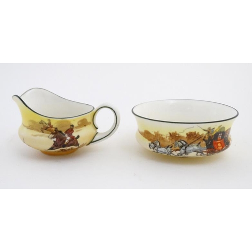 491 - An early - mid 20thC Royal Doulton ''Coaching Days'' series two place tea set, comprising tea pot, 2... 