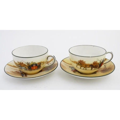 491 - An early - mid 20thC Royal Doulton ''Coaching Days'' series two place tea set, comprising tea pot, 2... 