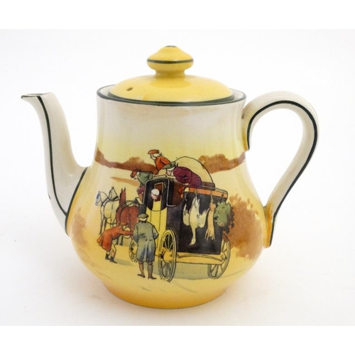 491 - An early - mid 20thC Royal Doulton ''Coaching Days'' series two place tea set, comprising tea pot, 2... 