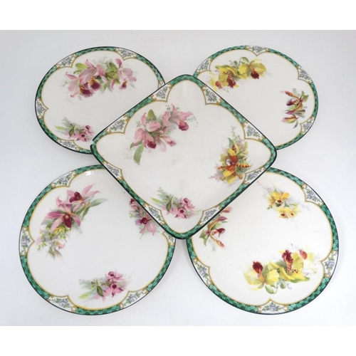 493 - A set of four 'Royal Doulton Plates and a sweet meat dish in the ''orchid '' pattern. Green factory ... 