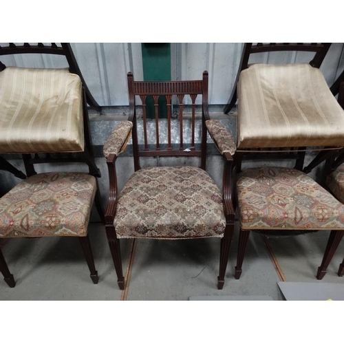 113 - A long set of Georgian mahogany dining chair (1+8) with overstuffed seats , squared tapering feet an... 