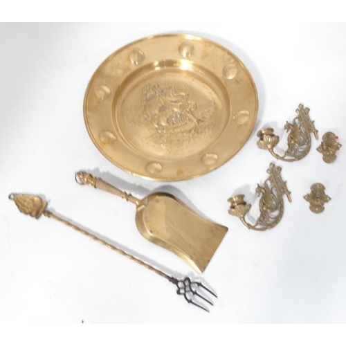 17 - Assorted brass items to include charger, toasting fork, shovel, sconces etc  Please Note -  we do no... 