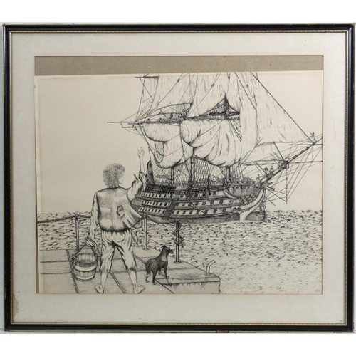 31 - M L Huggett XX, Pen ink, Waving to The Victory ship, Signed lower right, Aperture 19 1/2 x 23 5/8''.... 