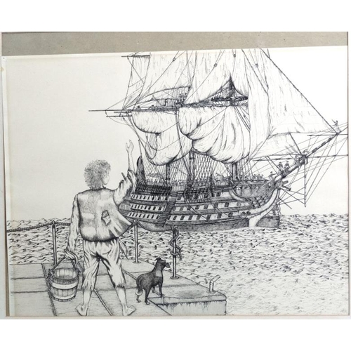 31 - M L Huggett XX, Pen ink, Waving to The Victory ship, Signed lower right, Aperture 19 1/2 x 23 5/8''.... 