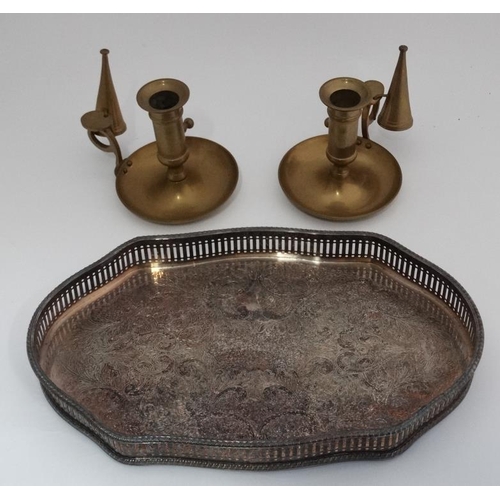 39 - Silver plate tray together with 2 brass chamber sticks  Please Note -  we do not make reference to t... 