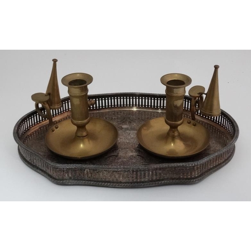 39 - Silver plate tray together with 2 brass chamber sticks  Please Note -  we do not make reference to t... 