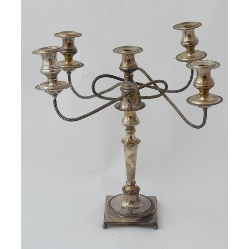 45 - A silver plate 5 branch candelabra on a squared base with 4 ball feet Approx 19'' high  Please Note ... 