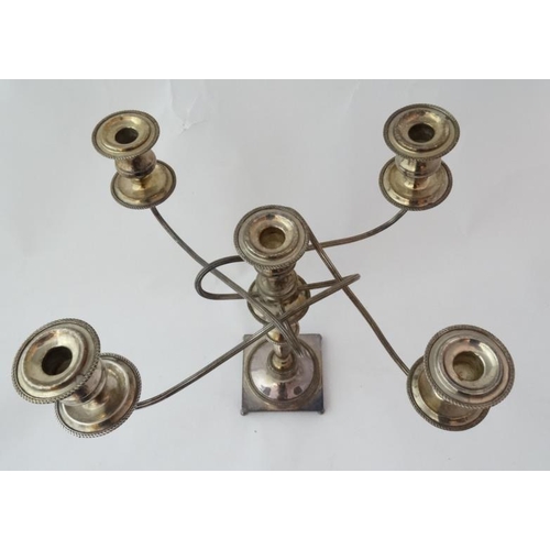 45 - A silver plate 5 branch candelabra on a squared base with 4 ball feet Approx 19'' high  Please Note ... 