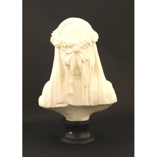 46 - A Continental composite marble bust depicting veiled lady on turned base. 21stC approx 14'' high  Pl... 