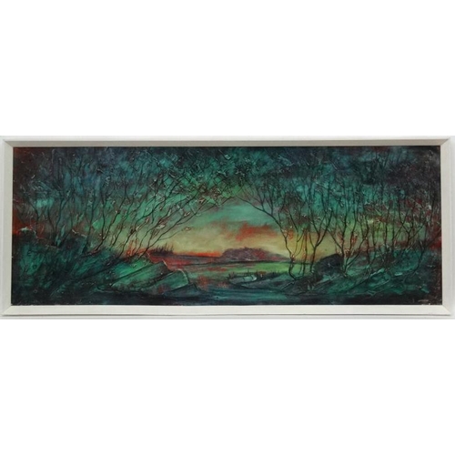 49 - Jack Ray (XX) Retro,  Relief oil on board, Sunset through trees, Signed lower right, 17 1/2 x 47 3/4... 