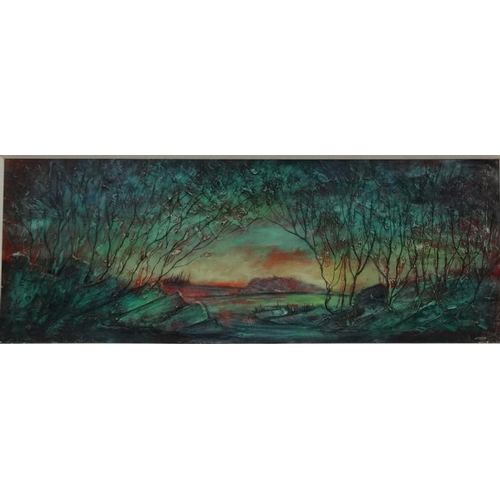 49 - Jack Ray (XX) Retro,  Relief oil on board, Sunset through trees, Signed lower right, 17 1/2 x 47 3/4... 