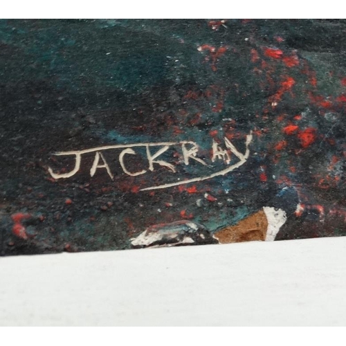 49 - Jack Ray (XX) Retro,  Relief oil on board, Sunset through trees, Signed lower right, 17 1/2 x 47 3/4... 