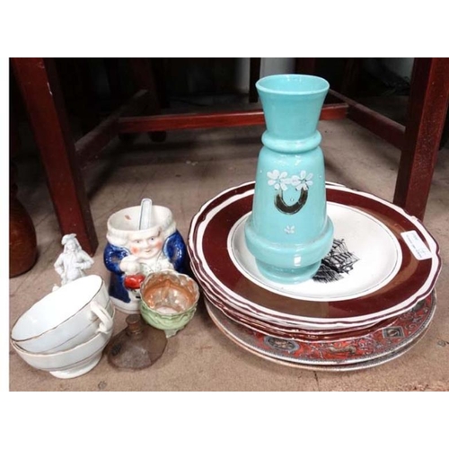 575 - A quantity of assorted ceramics etc to include a part set of Greys pottery plates, blue glass vase, ... 