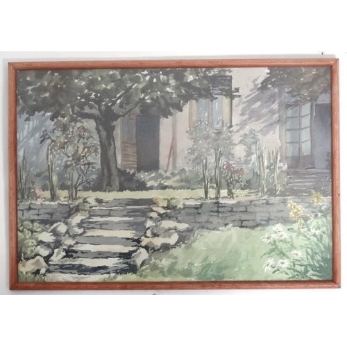 58 - B Briggs mid XX, Watercolour, Steps within a garden on a hazy summer's day, Signed lower right, 9 3/... 