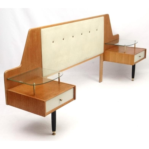 584 - Vintage Retro : a British G- Plan  ( gold mark) Headboard of blonde oak ( with glass shelves ) and v... 