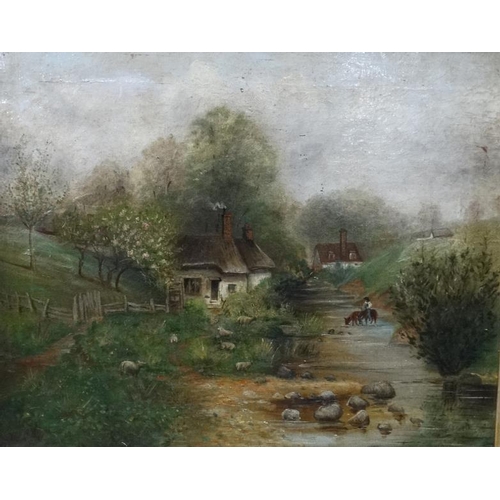 74 - Late XIX English School, Oil on canvas, Cottages, sheep etc. Besides a stream, Indistinctly signed l... 