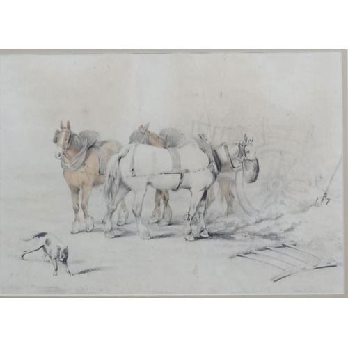 77 - XIX Country Vista, Pencil and watercolour, Three heavy working horses in a farm yard, Aperture 10 1/... 