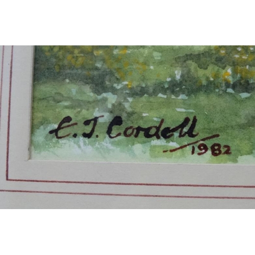 88 - Horses : EJ Cordell 1982, Watercolour,  ' Buttercup Meadow ' Horses in field of buttercups, Signed l... 