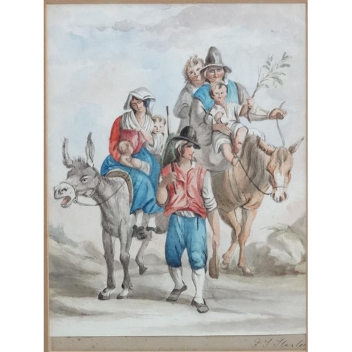 92 - J F Stanley XIX , Watercolour, A family with a horse and donkey, Signed under, Aperture 8 7/8 x 6 1/... 