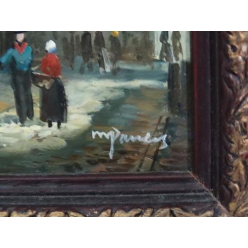 93 - M Pauley XX Dutch School, Oil on board, Figures passing on a Dutch Street, Signed lower right, 6 3/4... 