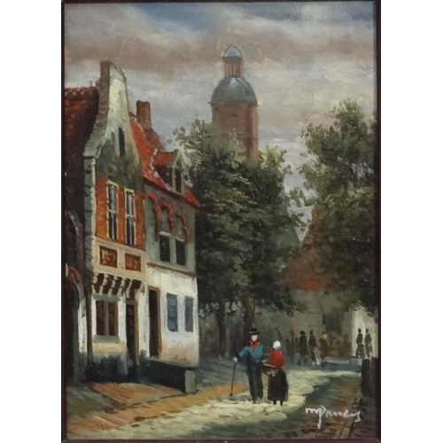 93 - M Pauley XX Dutch School, Oil on board, Figures passing on a Dutch Street, Signed lower right, 6 3/4... 