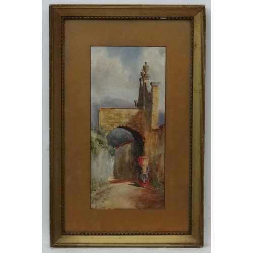 102 - XIX Italian School, Watercolour, Figure carrying a basket and Classical stone arch, Possibly signed ... 