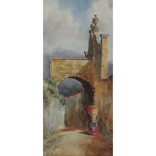 102 - XIX Italian School, Watercolour, Figure carrying a basket and Classical stone arch, Possibly signed ... 