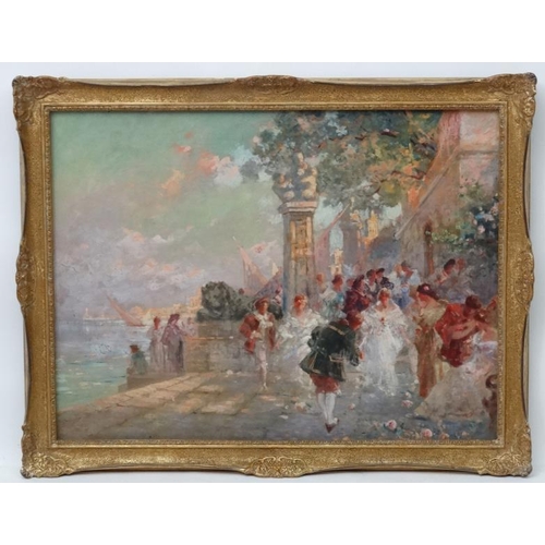 107 - Jacques XIX-XX Italian School, Oil on canvas, Wedding party on stone steps at water's edge, Signed a... 