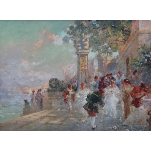 107 - Jacques XIX-XX Italian School, Oil on canvas, Wedding party on stone steps at water's edge, Signed a... 