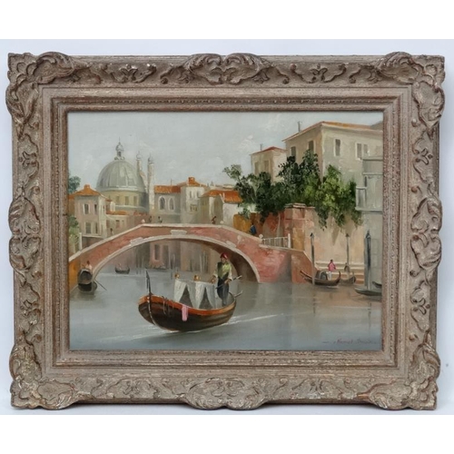 108 - Manuel Arunda XX Italian School, Oil on canvas,  Venetian canal, bridge and gondolas,  Signed lower ... 