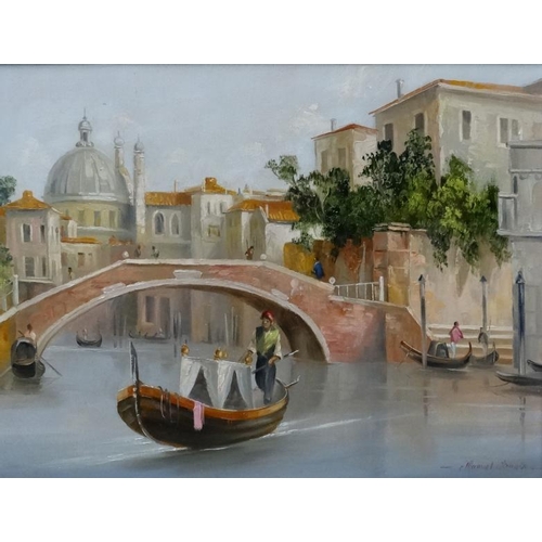 108 - Manuel Arunda XX Italian School, Oil on canvas,  Venetian canal, bridge and gondolas,  Signed lower ... 