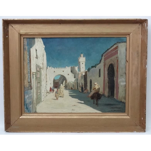 111 - August Johannes Le Gras, Dutch (1864-1915), Oil on Canvas, An Arab street scene with figures enterin... 