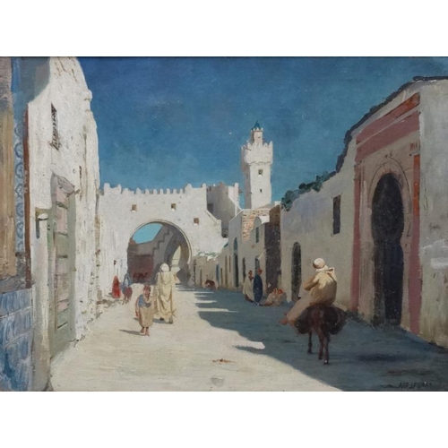 111 - August Johannes Le Gras, Dutch (1864-1915), Oil on Canvas, An Arab street scene with figures enterin... 